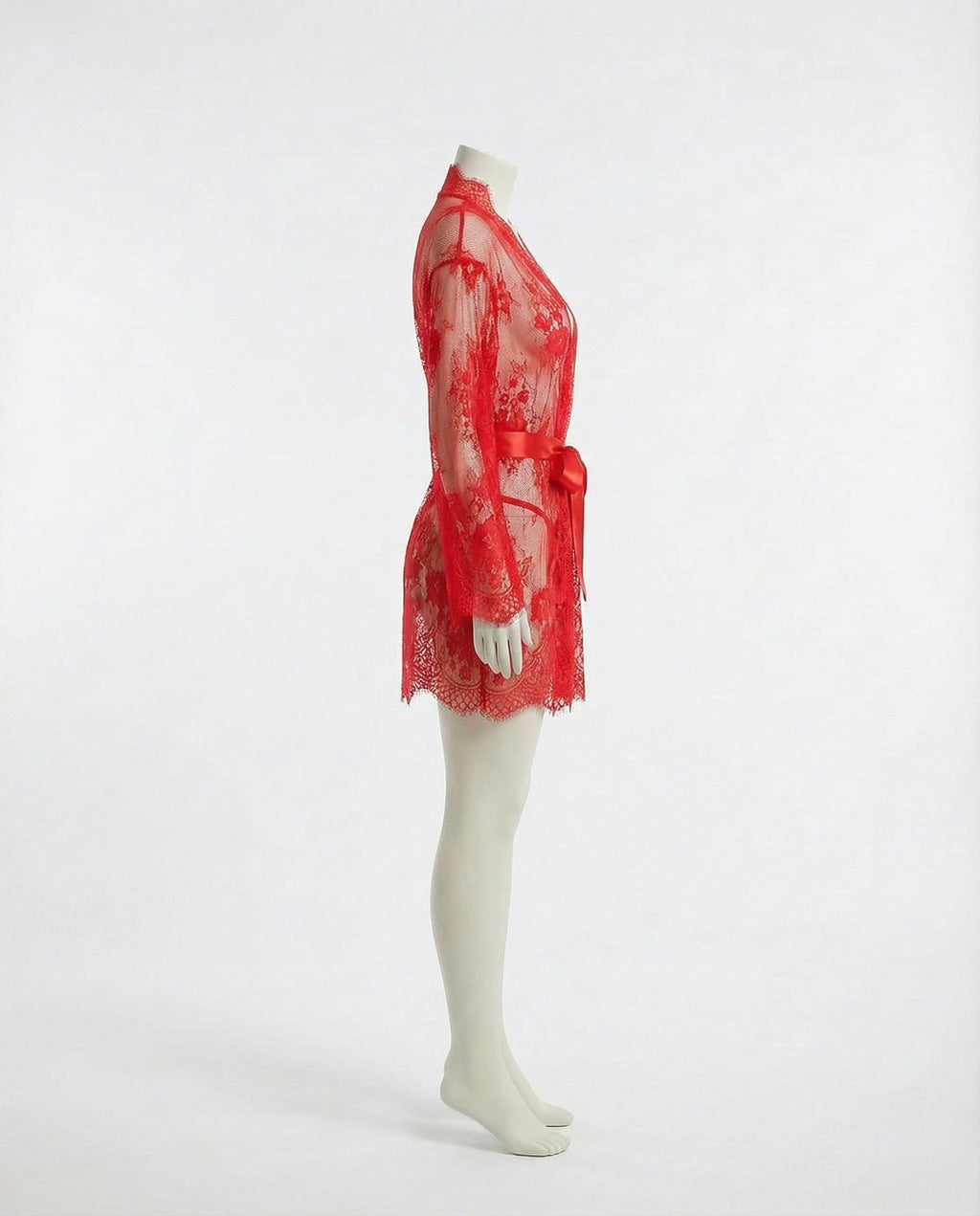 Red Lace Robe With Satin Belt And G-String - Marelia