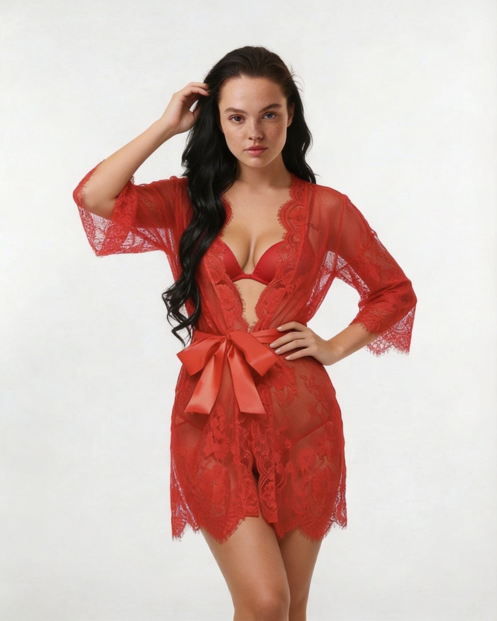 Lace Robe With Satin Belt And G-String - MARELIA