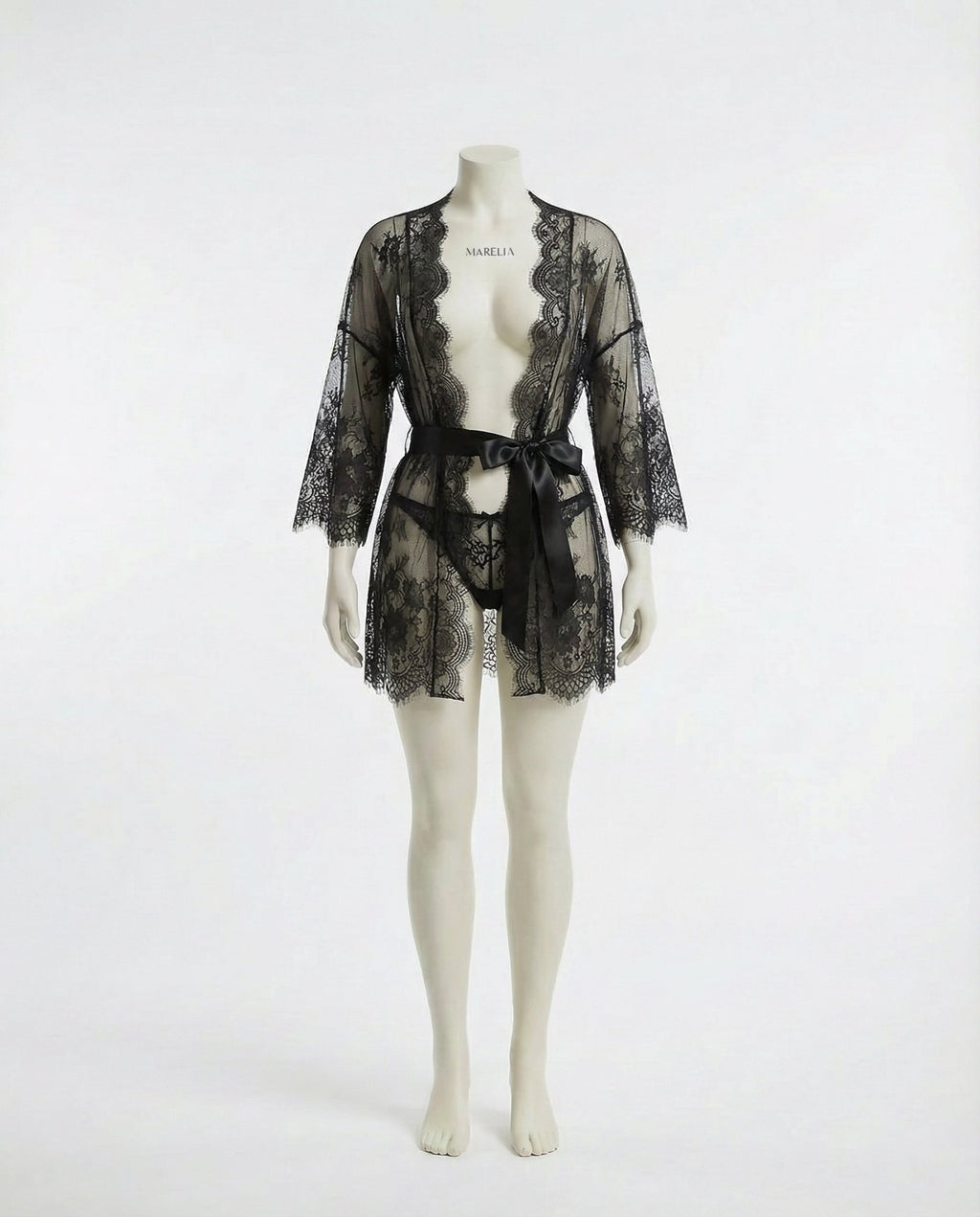 Black Lace Robe With Satin Belt And G-String - Marelia