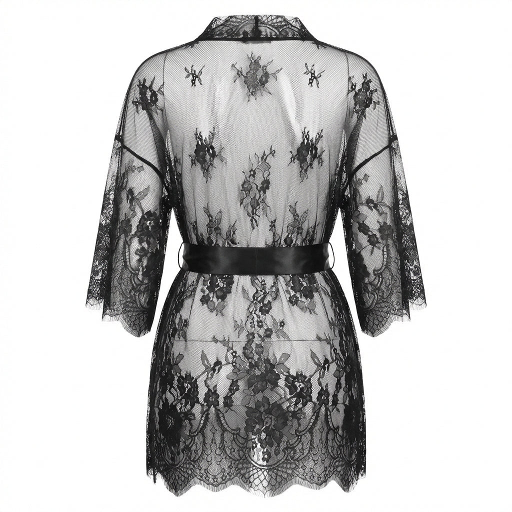 Black Lace Robe With Satin Belt And G-String - Marelia