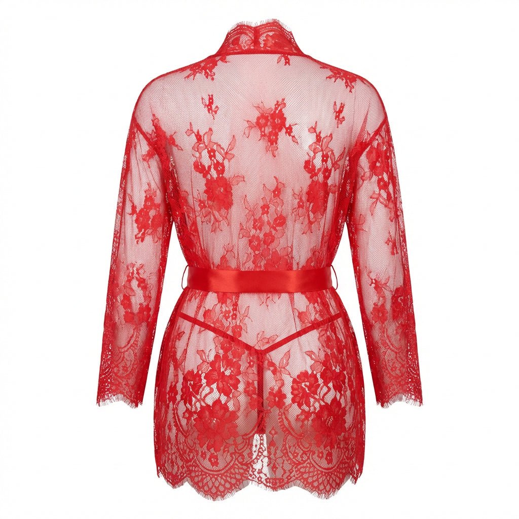 Red Lace Robe With Satin Belt And G-String - Marelia