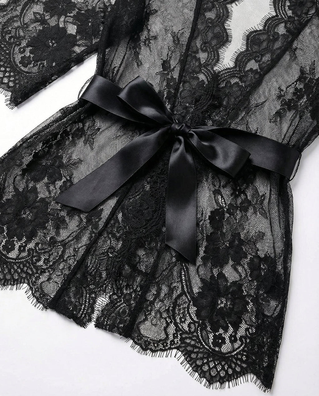 Black Lace Robe With Satin Belt And G-String - Marelia