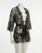 Black Lace Robe With Satin Belt And G-String - Marelia