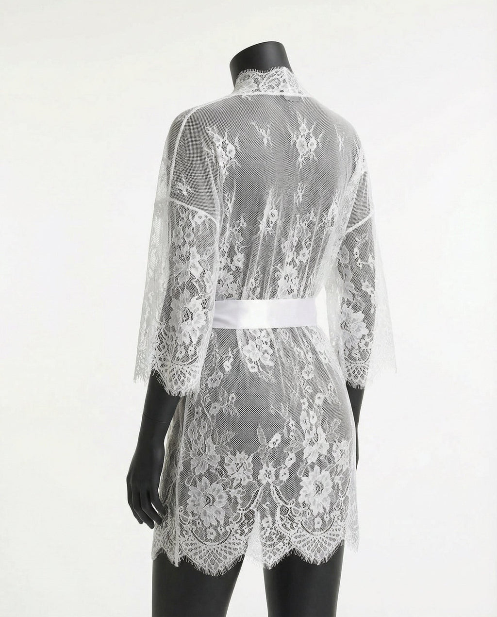 White Lace Robe With Satin Belt And G-String - Marelia