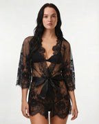 Lace Robe With Satin Belt And G-String - MARELIA