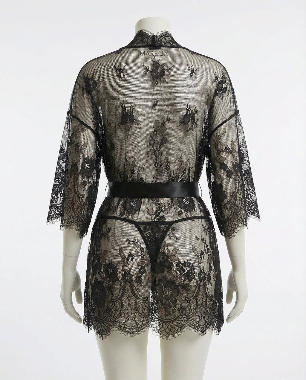 Black Lace Robe With Satin Belt And G-String - Marelia