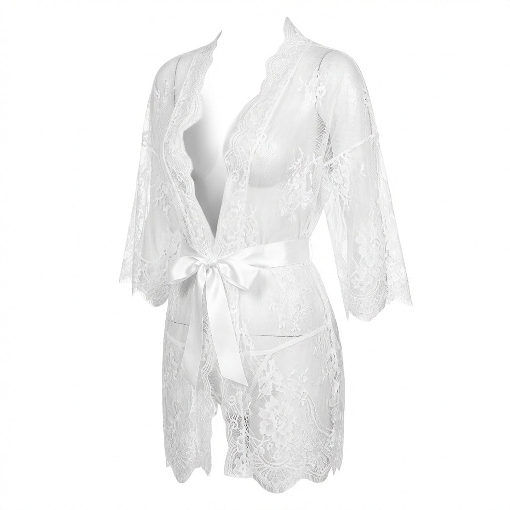 White Lace Robe With Satin Belt And G-String - Marelia