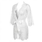 White Lace Robe With Satin Belt And G-String - Marelia