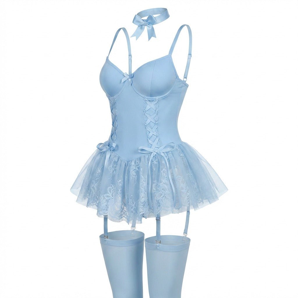 Baby Blue Lace Ruffle Bustier Teddy With Garter Straps - MARELIA