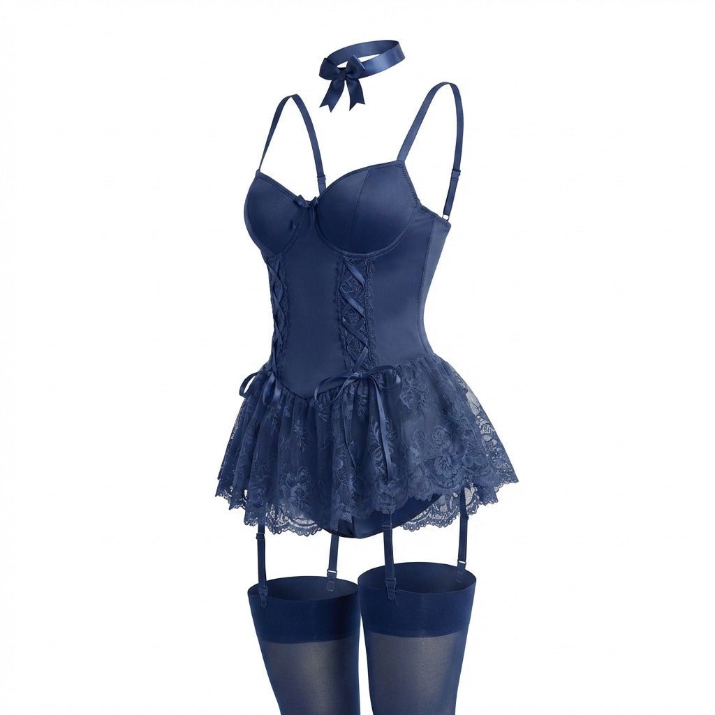 Navy Lace Ruffle Bustier Teddy With Garter Straps - MARELIA