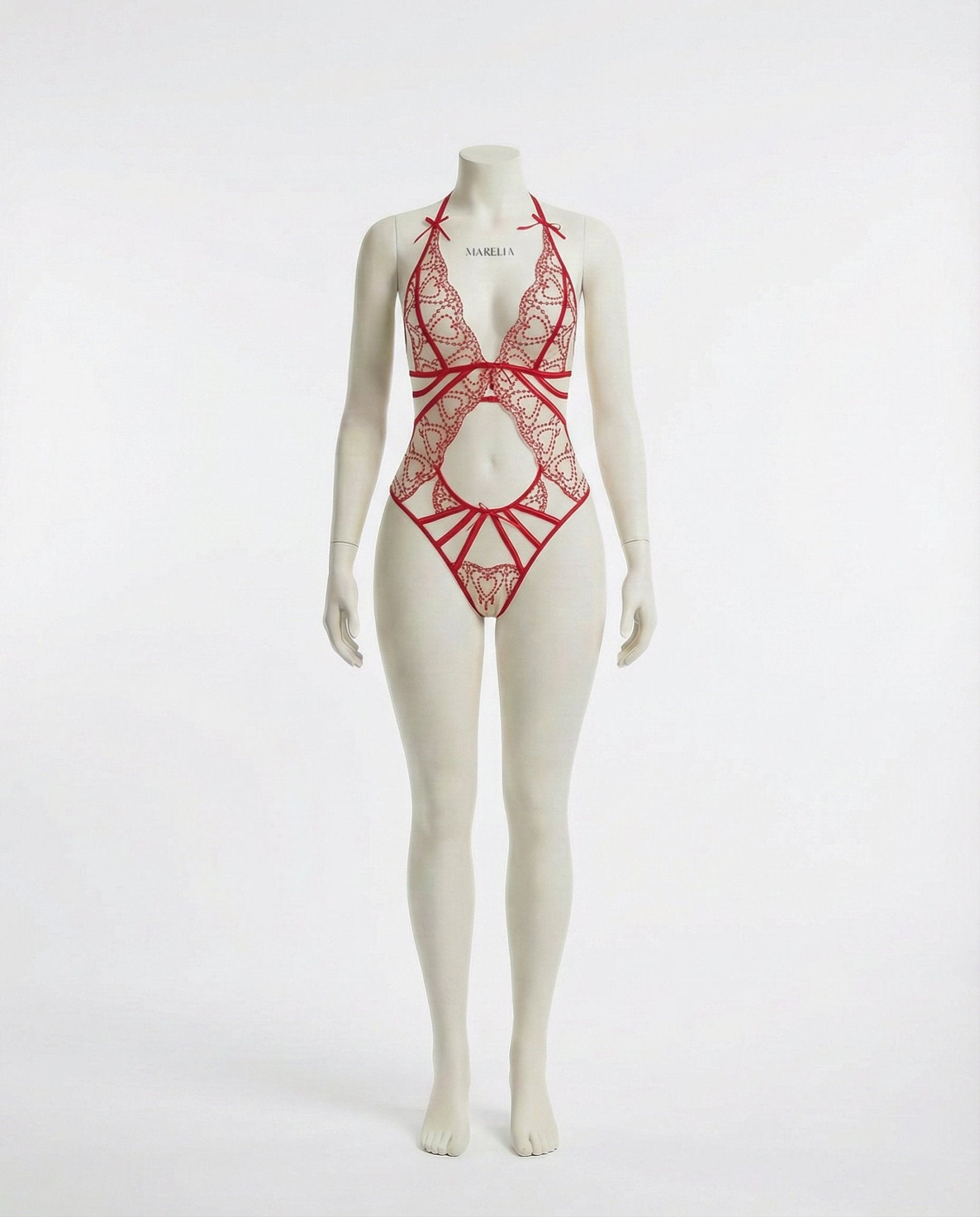 Red Lace Strappy Halter Teddy - Marelia