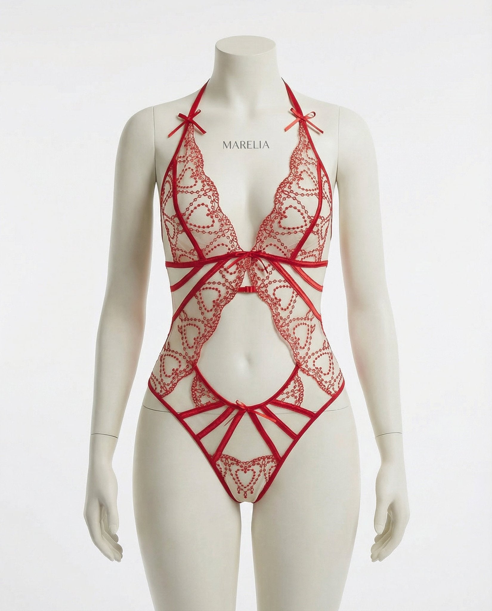 Red Lace Strappy Halter Teddy - Marelia