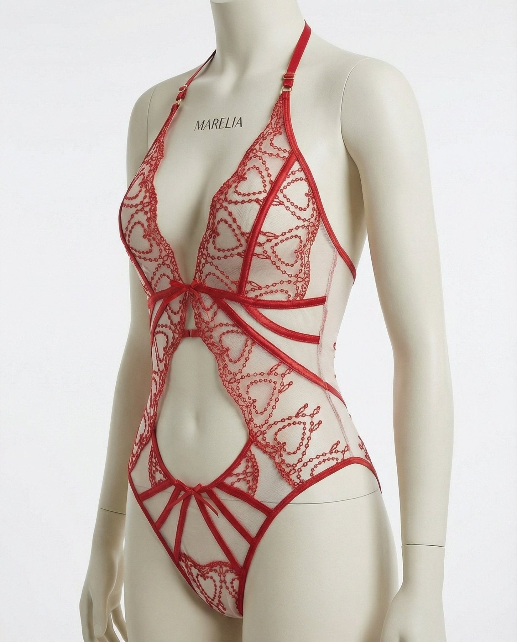 Red Lace Strappy Halter Teddy - Marelia