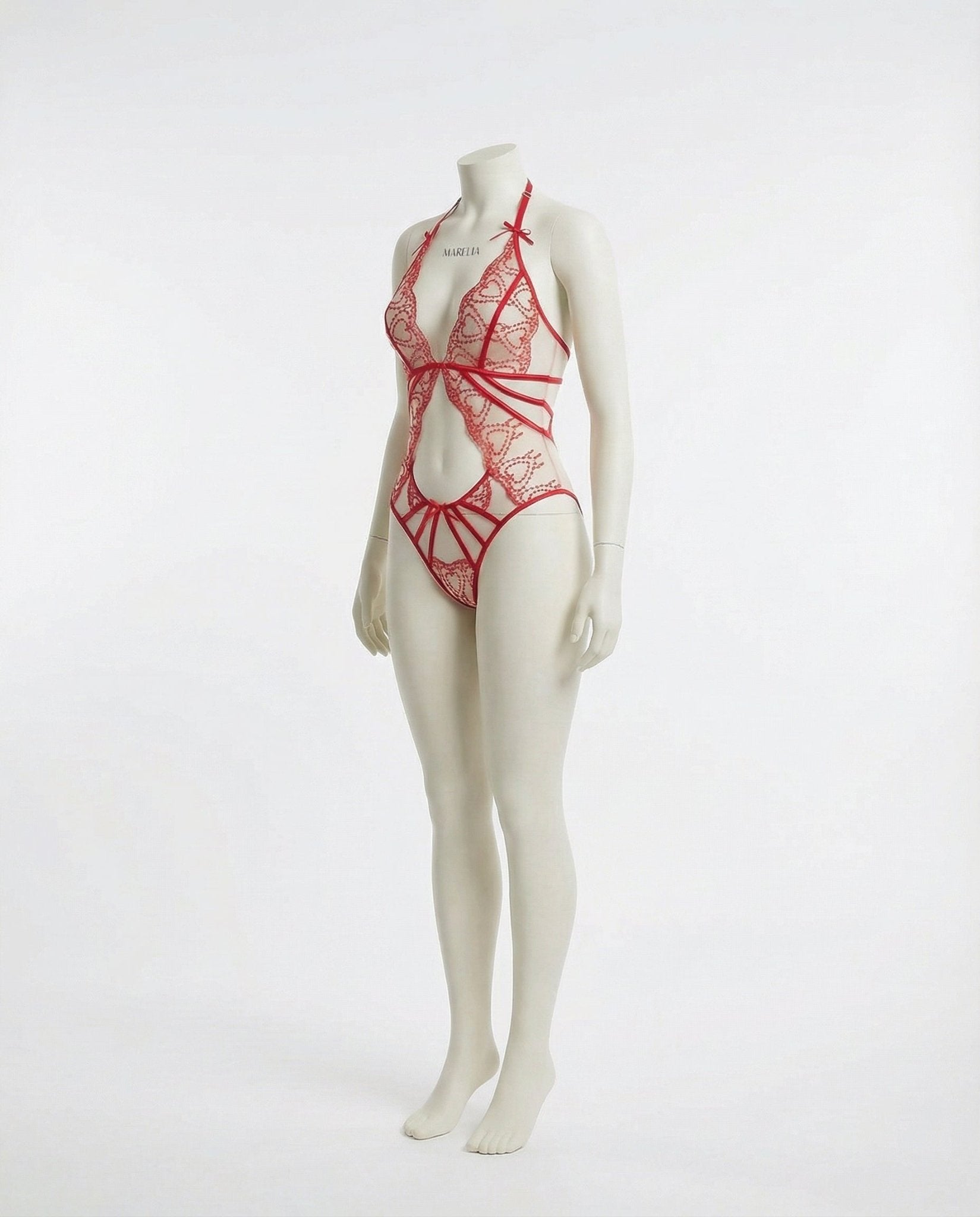 Red Lace Strappy Halter Teddy - Marelia