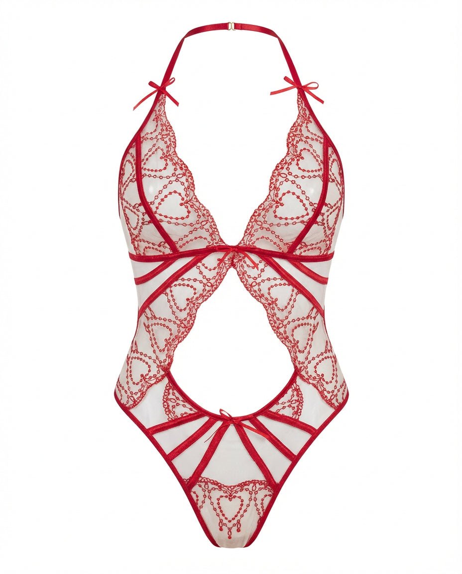 Red Lace Strappy Halter Teddy - Marelia