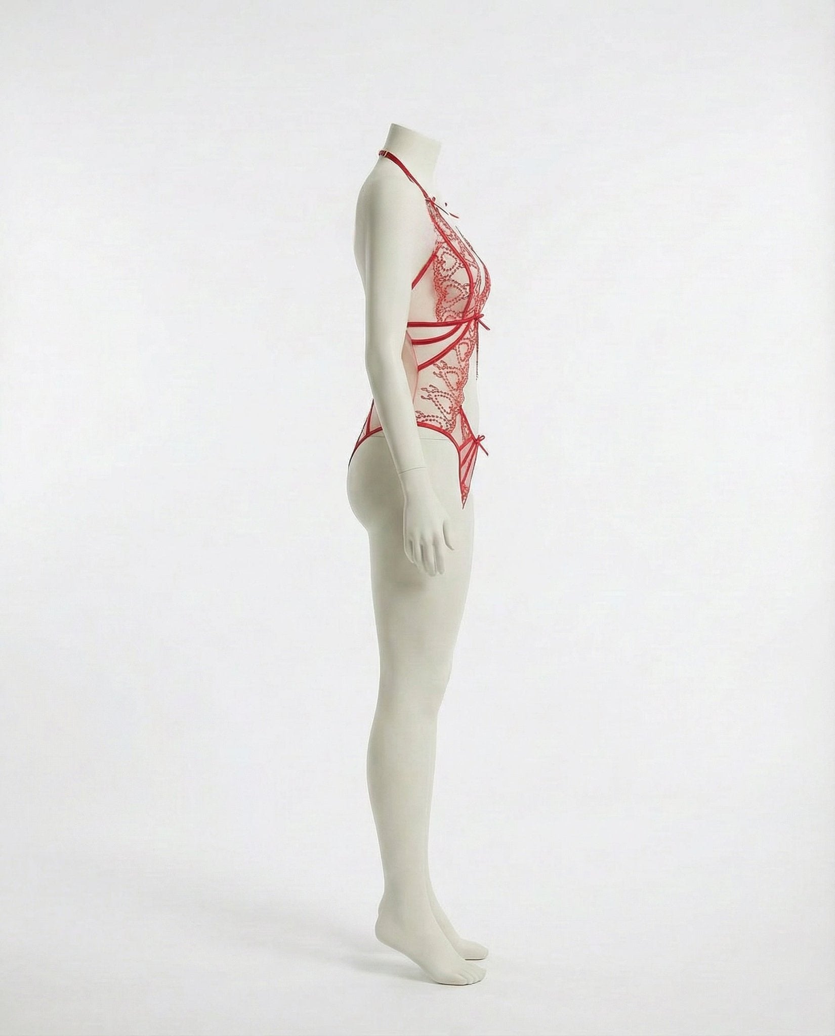 Red Lace Strappy Halter Teddy - Marelia