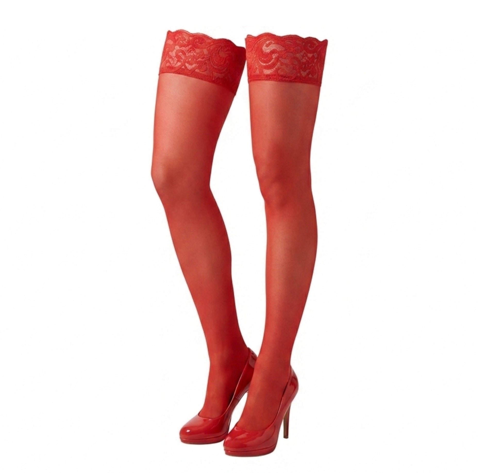 Red Lace Top Hold Up Stockings - MARELIA