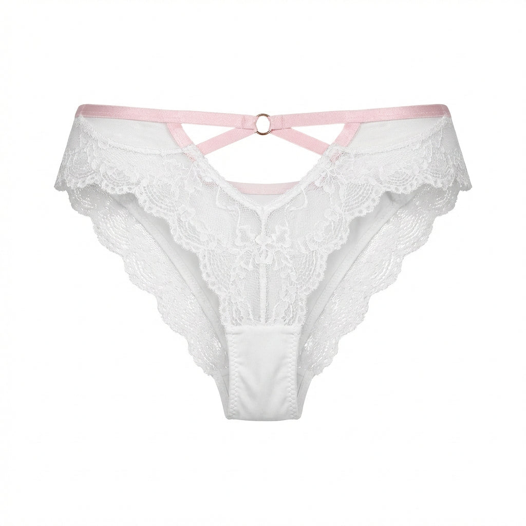 White Lace Trim Brazilian Brief With Strappy Back - Marelia