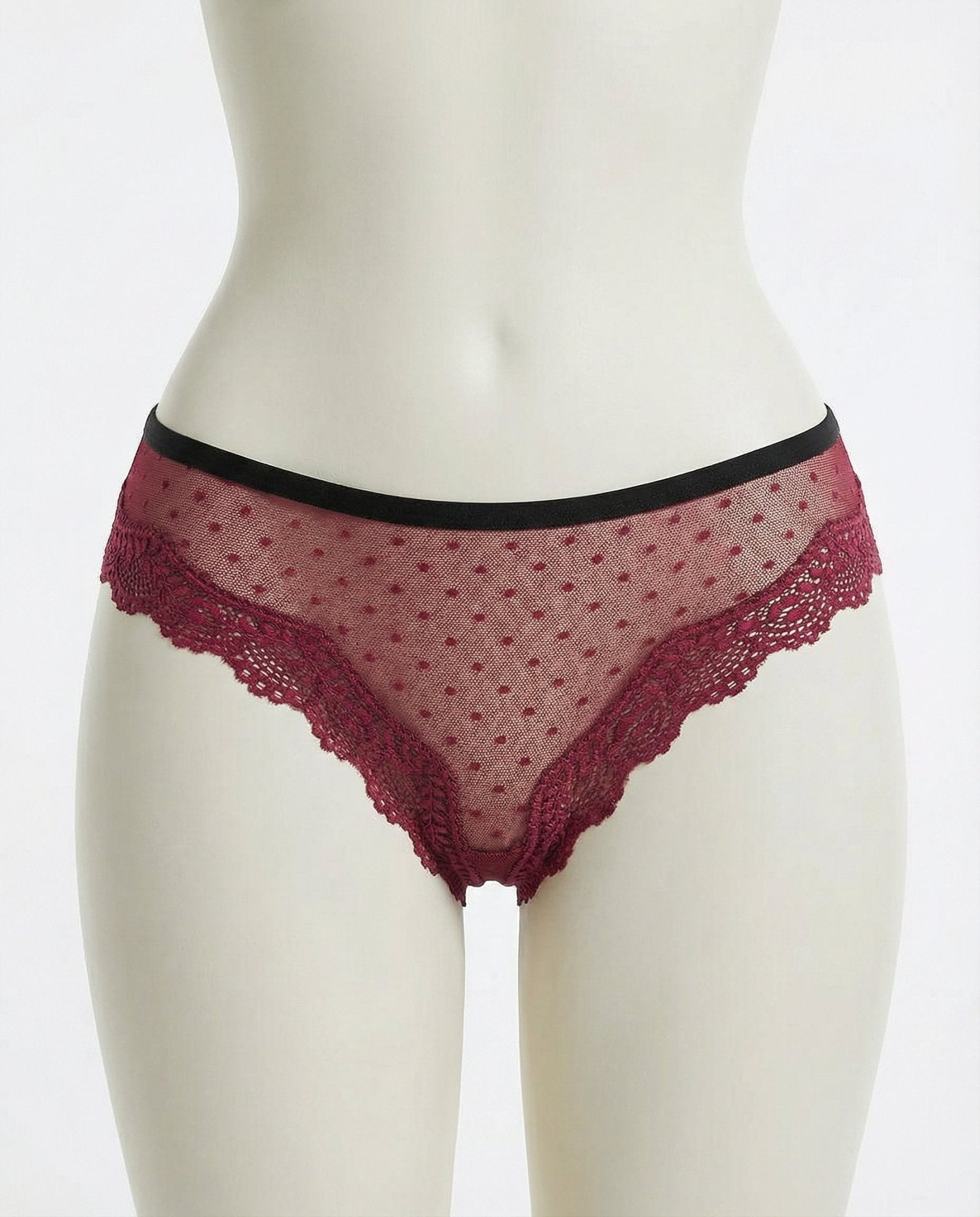 Burgundy Lace Trim Brazilian Brief With Strappy Back - Marelia
