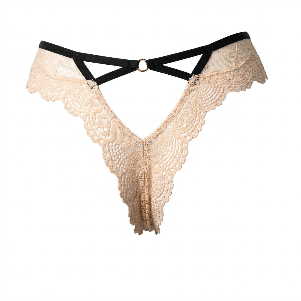 Beige Lace Trim Brazilian Brief With Strappy Back - Marelia