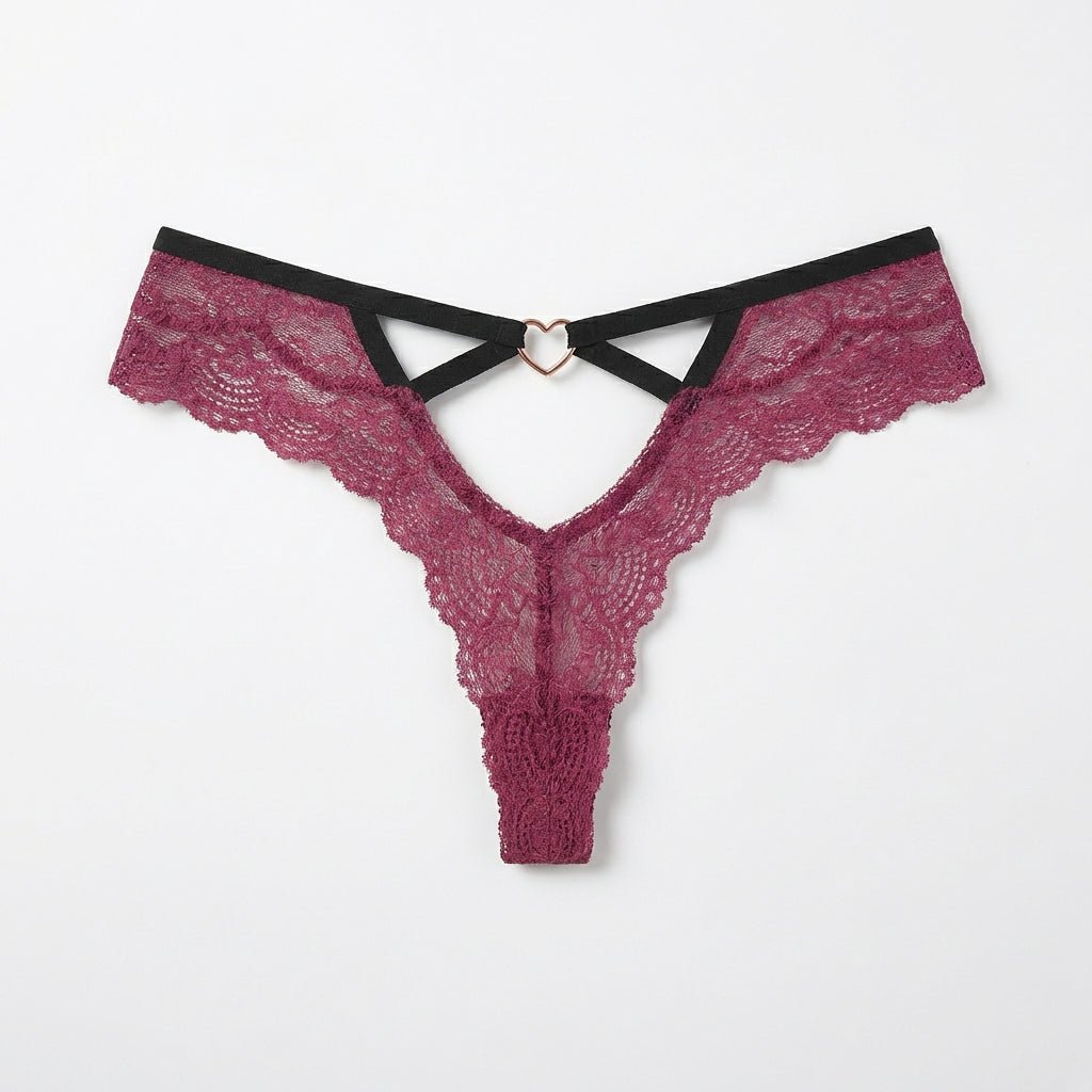 Burgundy Lace Trim Brazilian Brief With Strappy Back - Marelia