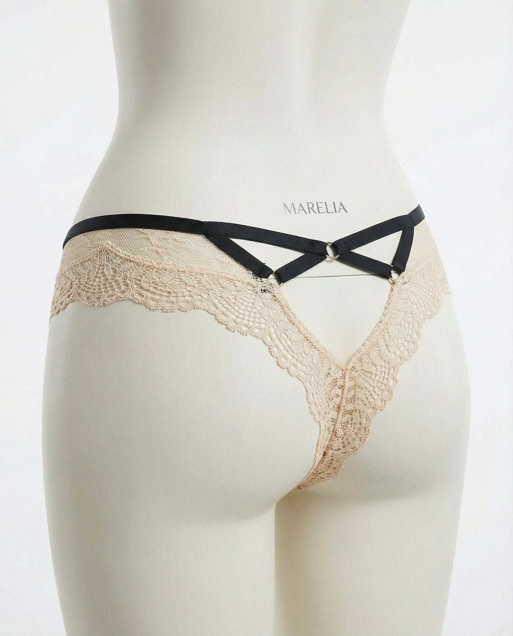 Beige Lace Trim Brazilian Brief With Strappy Back - Marelia