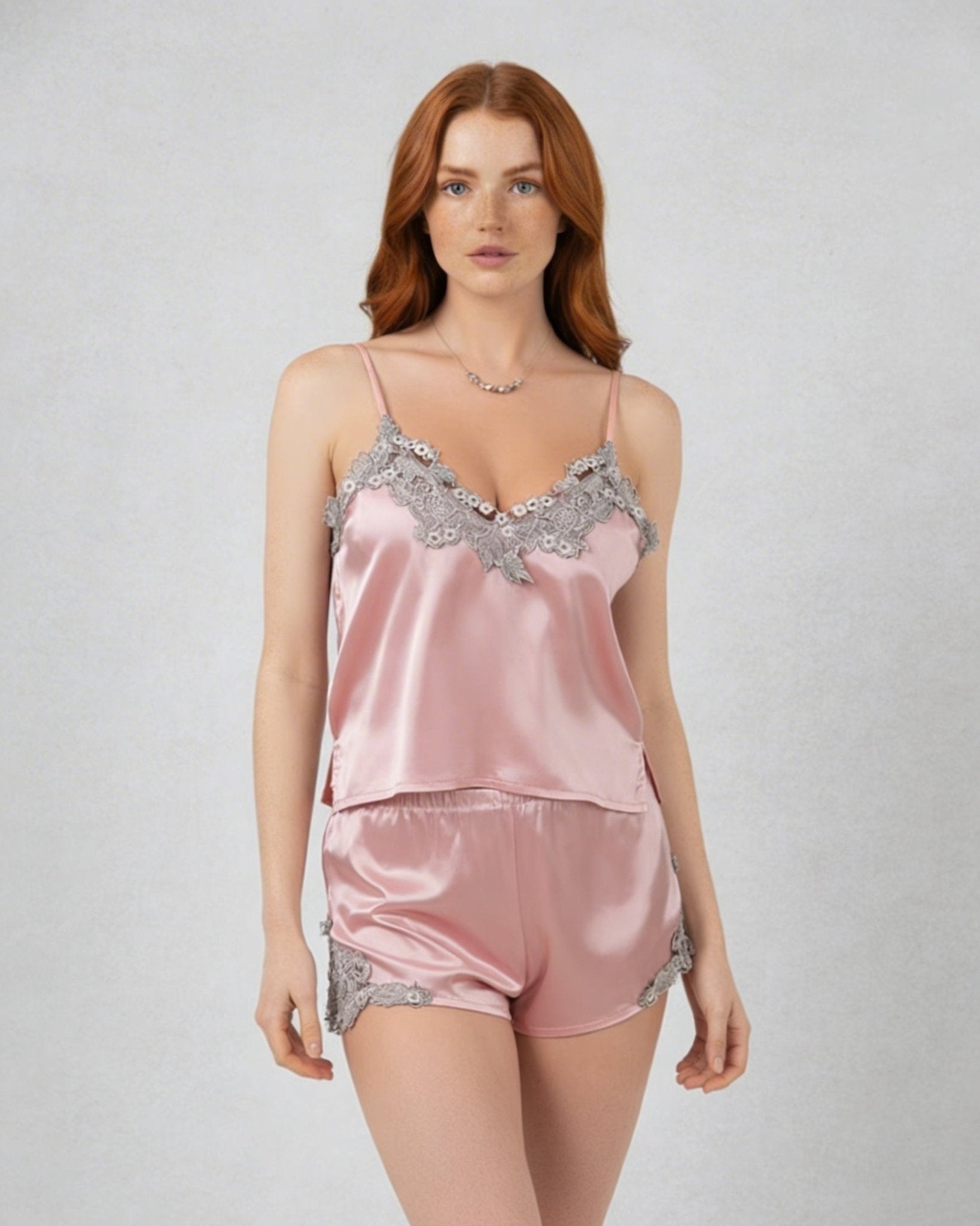 Pink Lace Trim Camisole And Shorts Set - MARELIA