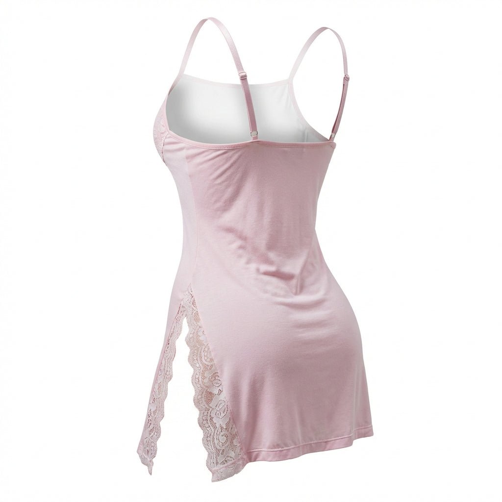 Pink Lace Trim Chemise With High Side Slits - Marelia