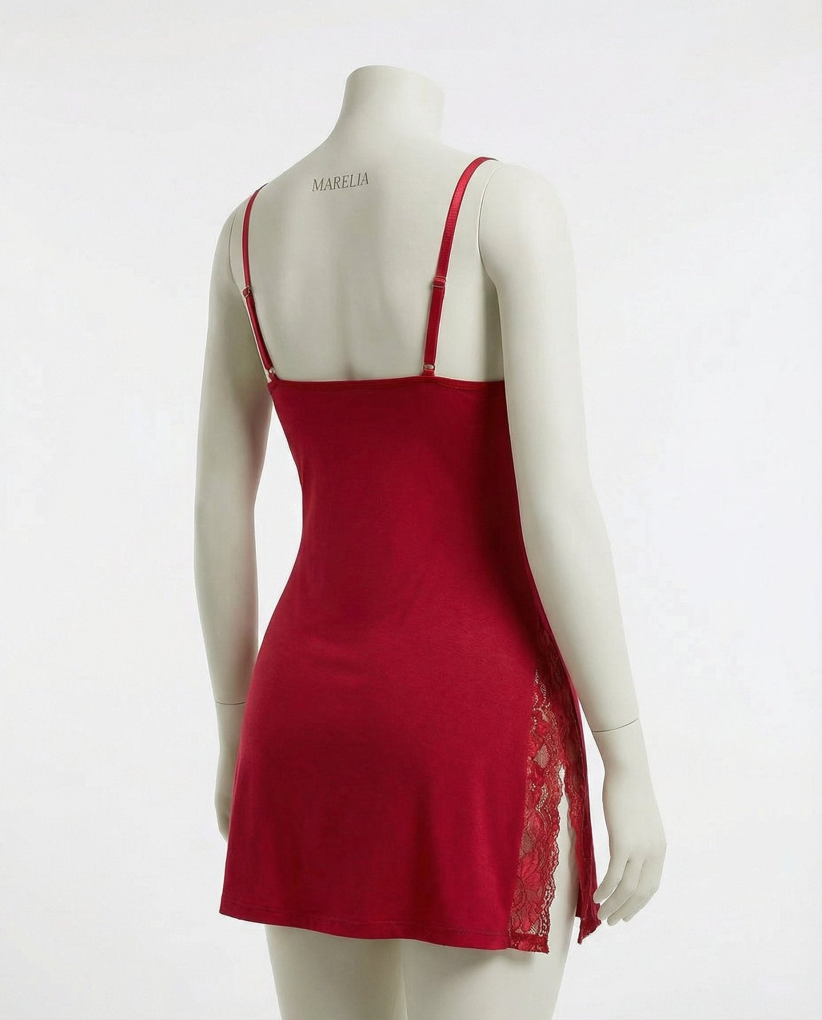 Red Lace Trim Chemise With High Side Slits - Marelia