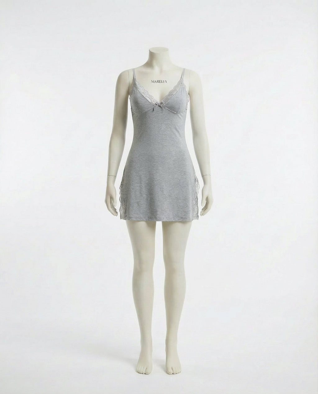 Grey Lace Trim Chemise With High Side Slits - Marelia