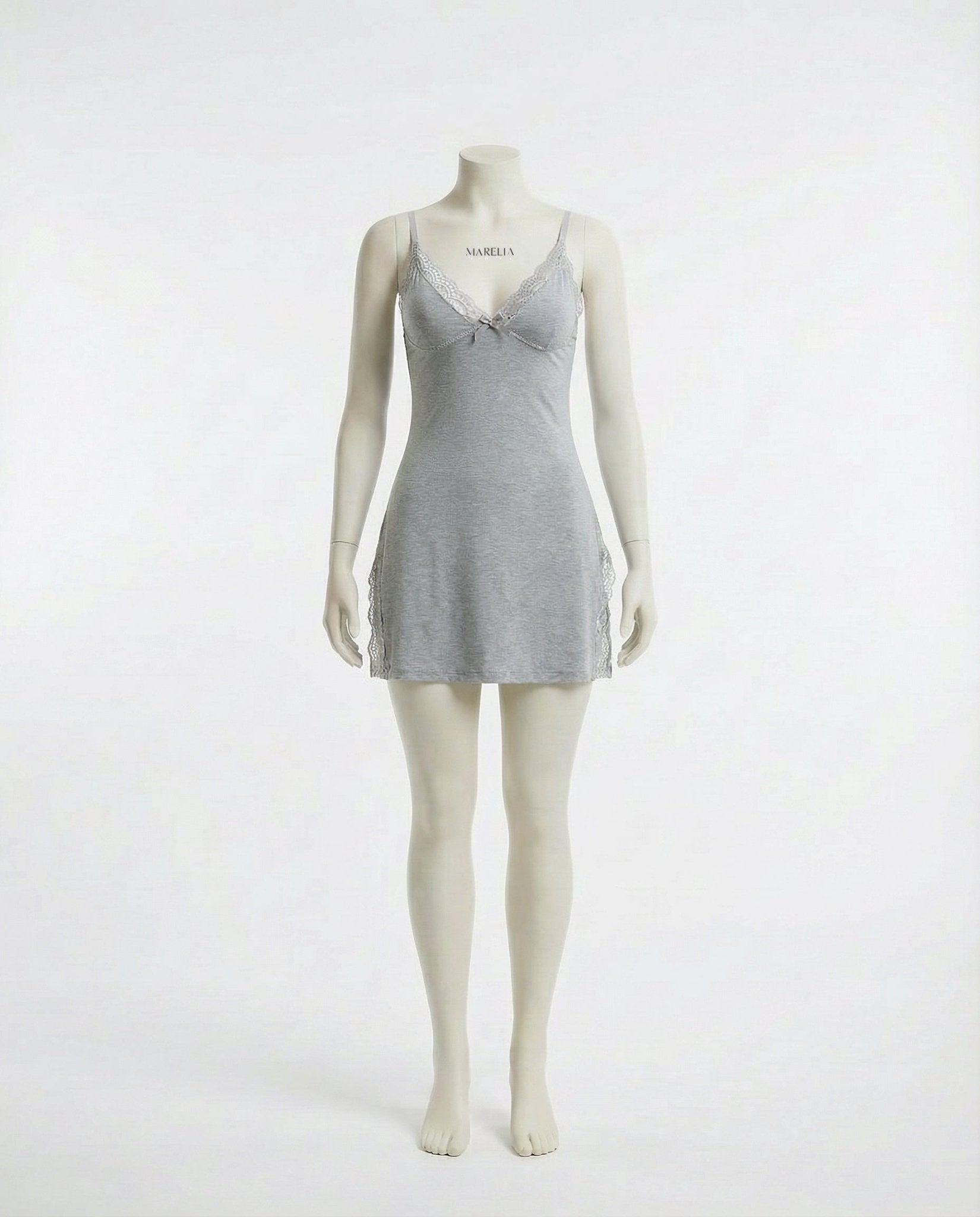 Grey Lace Trim Chemise With High Side Slits - Marelia