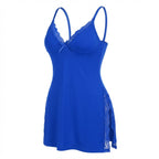Blue Lace Trim Chemise With High Side Slits - Marelia