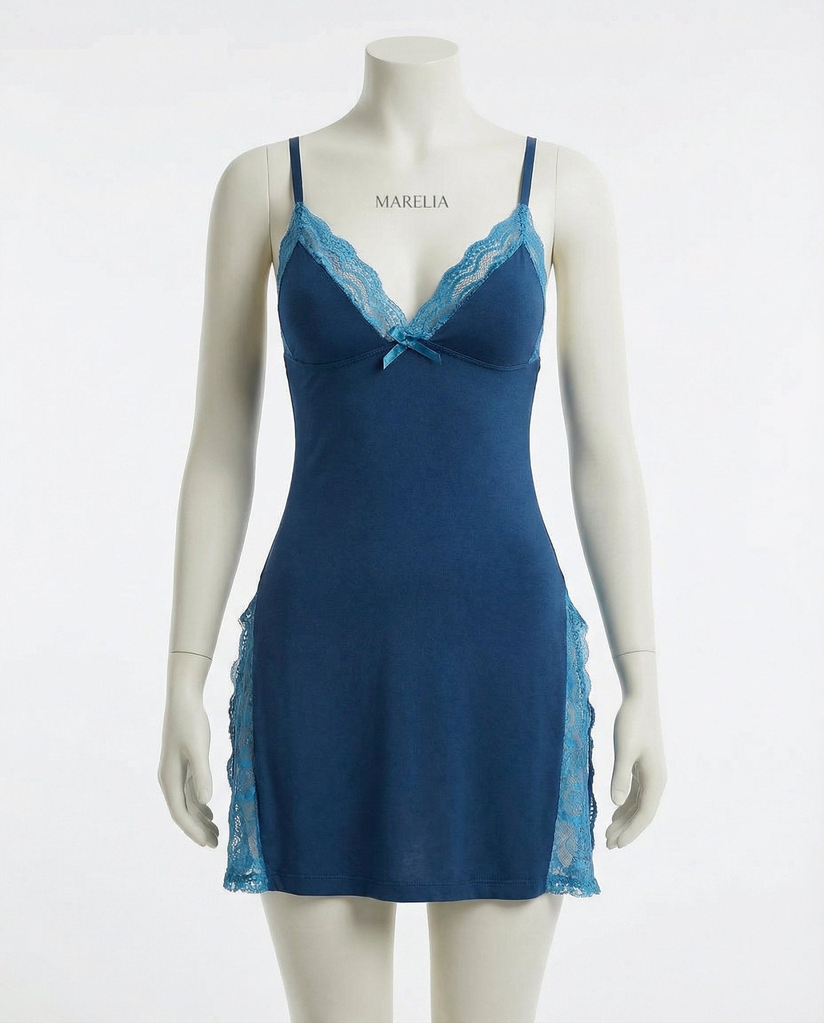 Navy Lace Trim Chemise With High Side Slits - Marelia