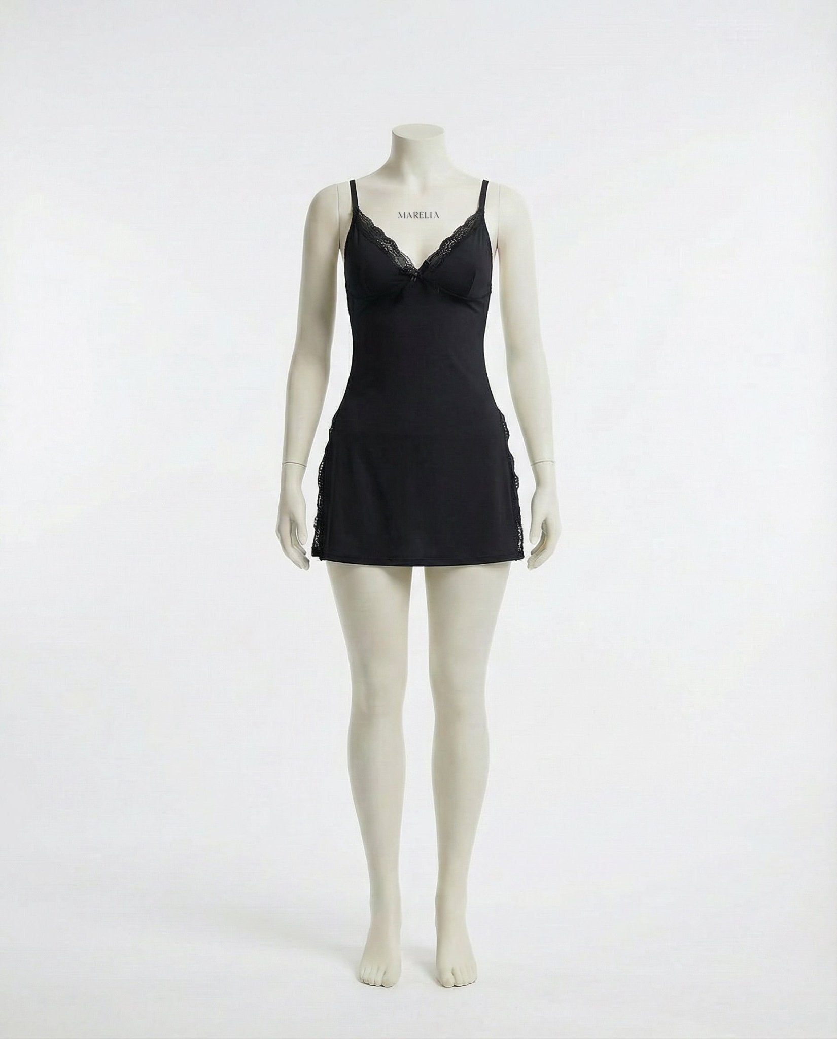 Black Lace Trim Chemise With High Side Slits - Marelia