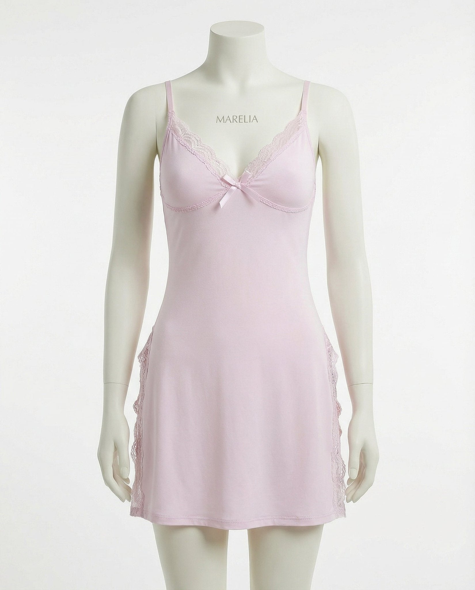 Pink Lace Trim Chemise With High Side Slits - Marelia