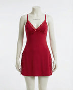 Red Lace Trim Chemise With High Side Slits - Marelia