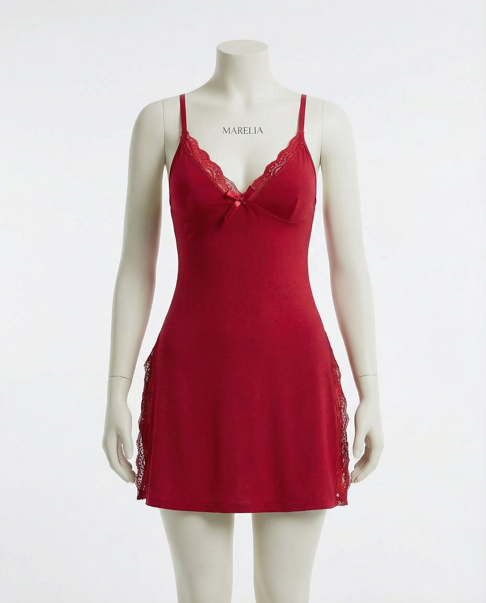Red Lace Trim Chemise With High Side Slits - Marelia