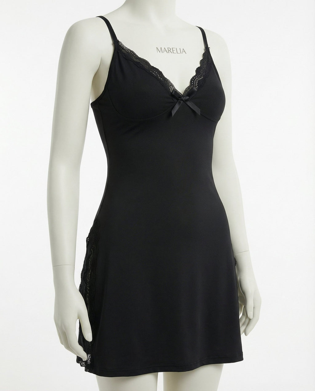 Black Lace Trim Chemise With High Side Slits - Marelia