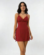 Red Lace Trim Chemise With High Side Slits - Marelia
