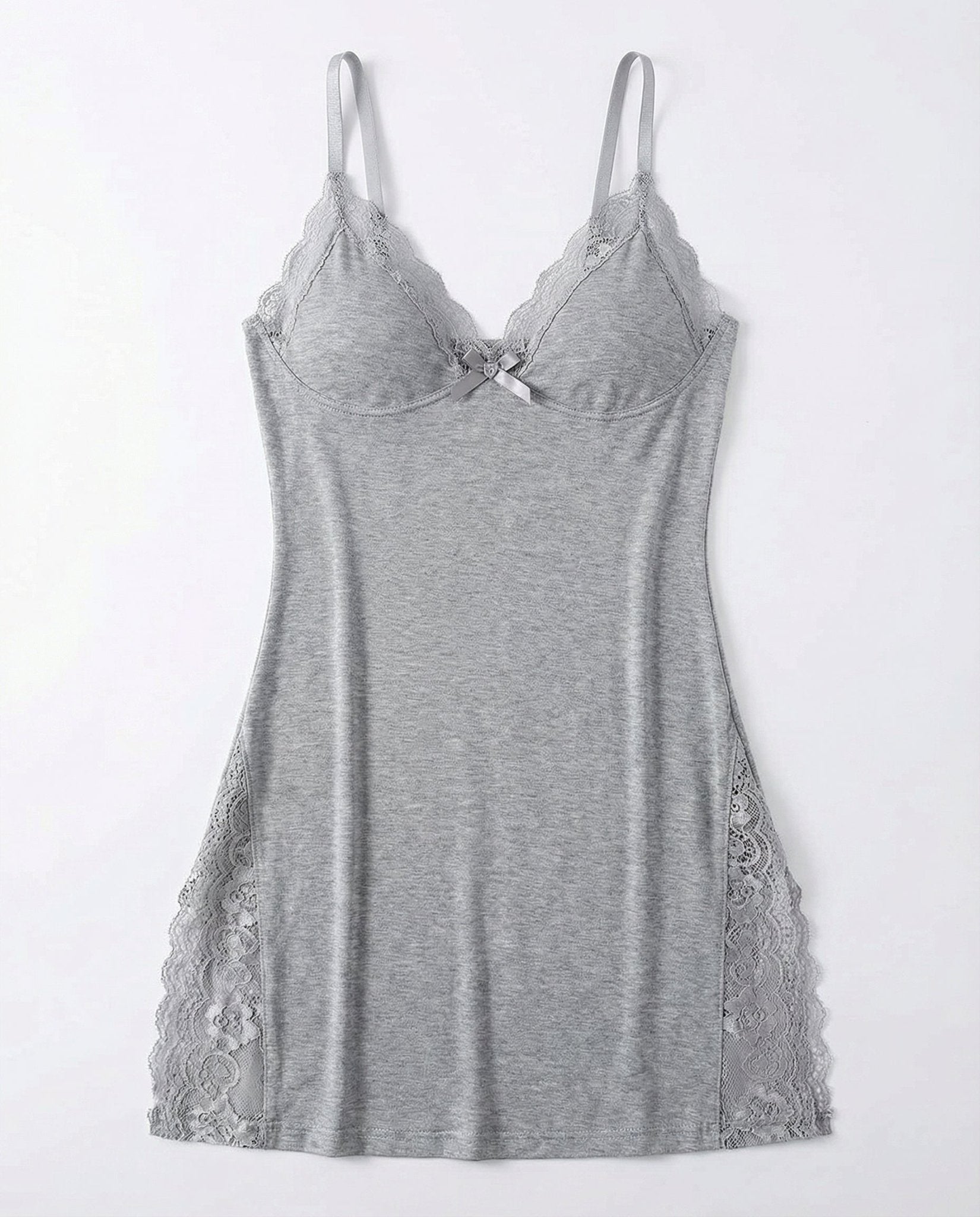 Grey Lace Trim Chemise With High Side Slits - Marelia