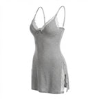Grey Lace Trim Chemise With High Side Slits - Marelia