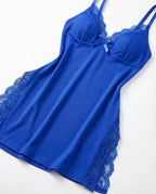 Blue Lace Trim Chemise With High Side Slits - Marelia