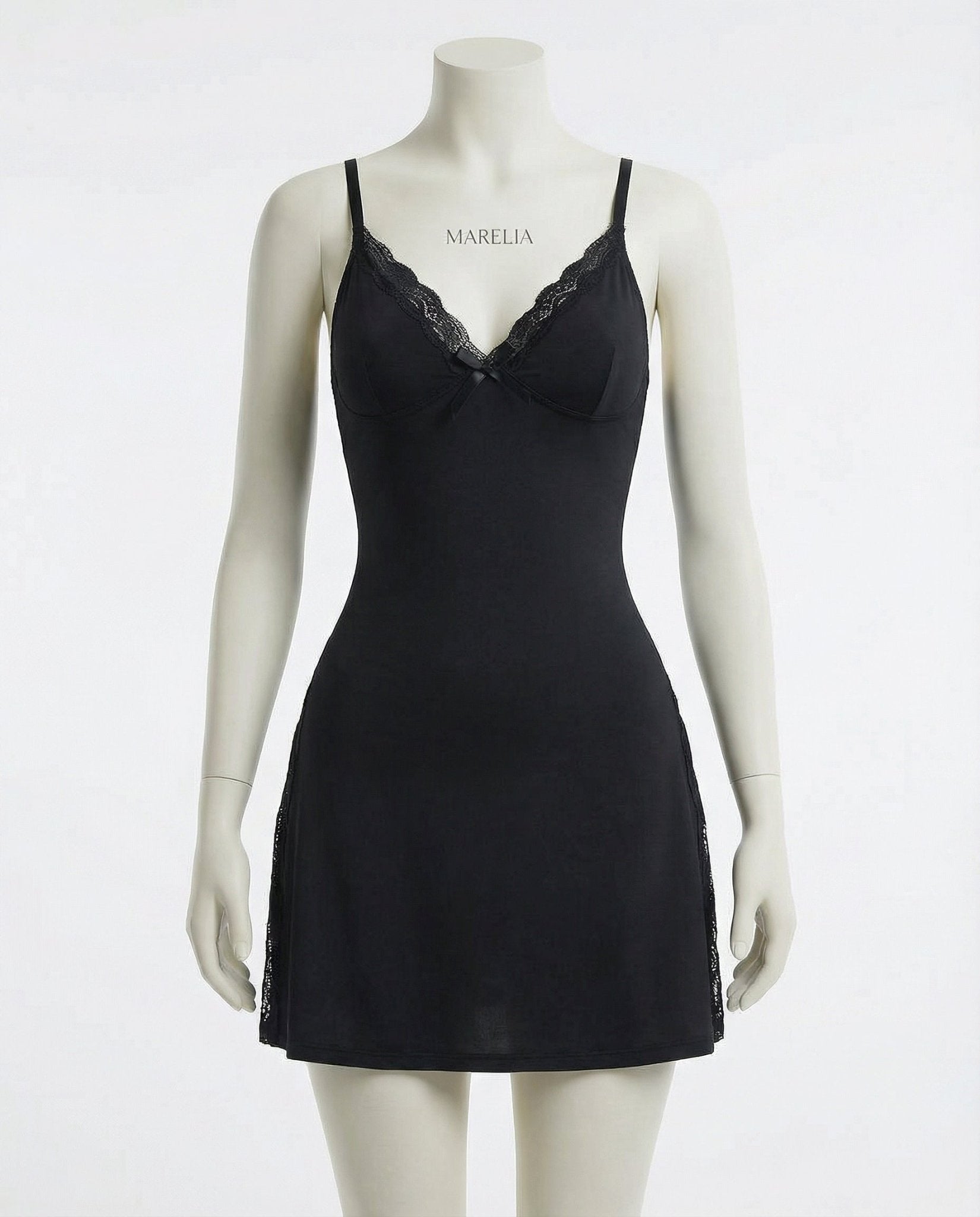 Black Lace Trim Chemise With High Side Slits - Marelia