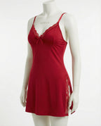 Red Lace Trim Chemise With High Side Slits - Marelia