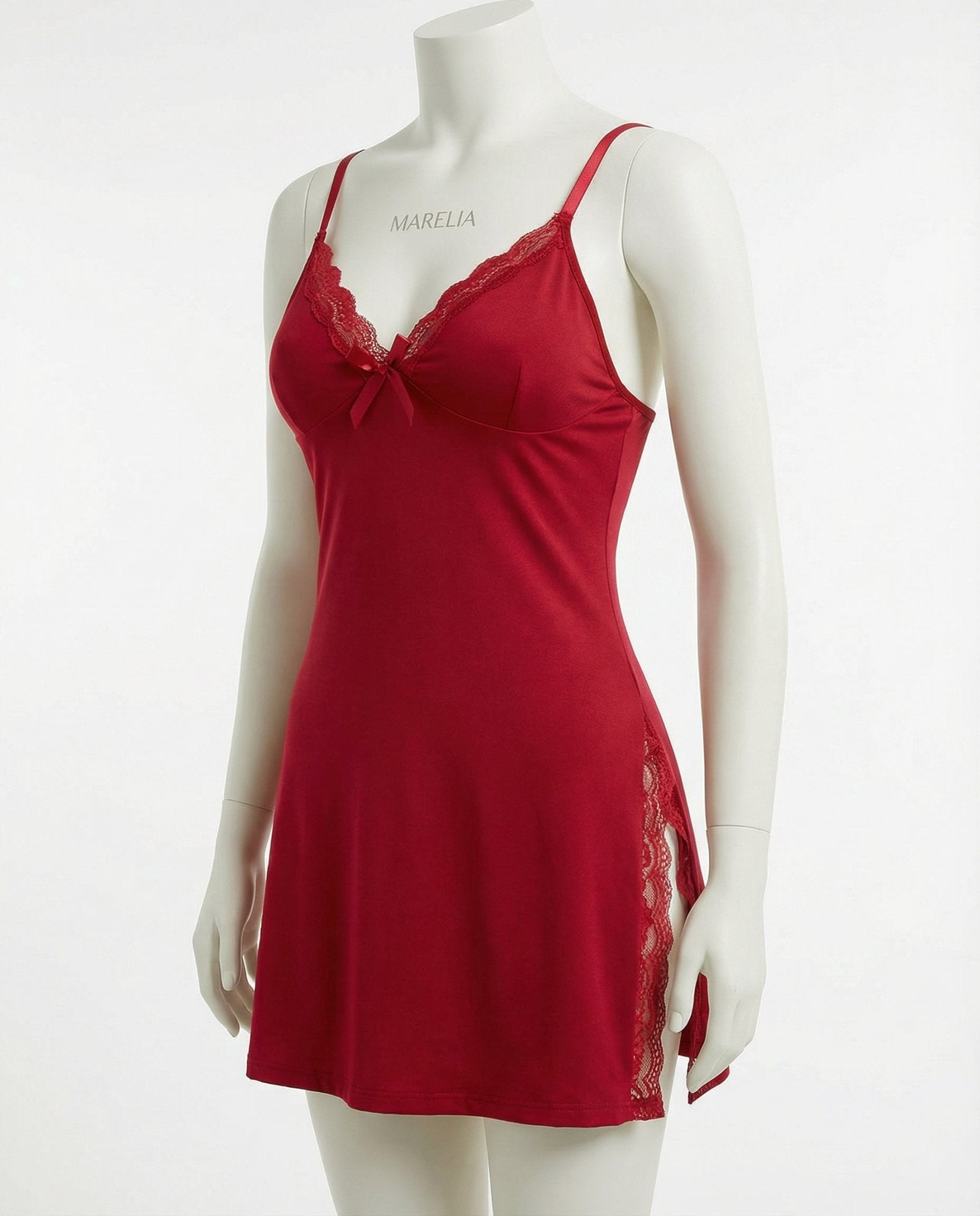 Red Lace Trim Chemise With High Side Slits - Marelia