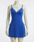 Blue Lace Trim Chemise With High Side Slits - Marelia
