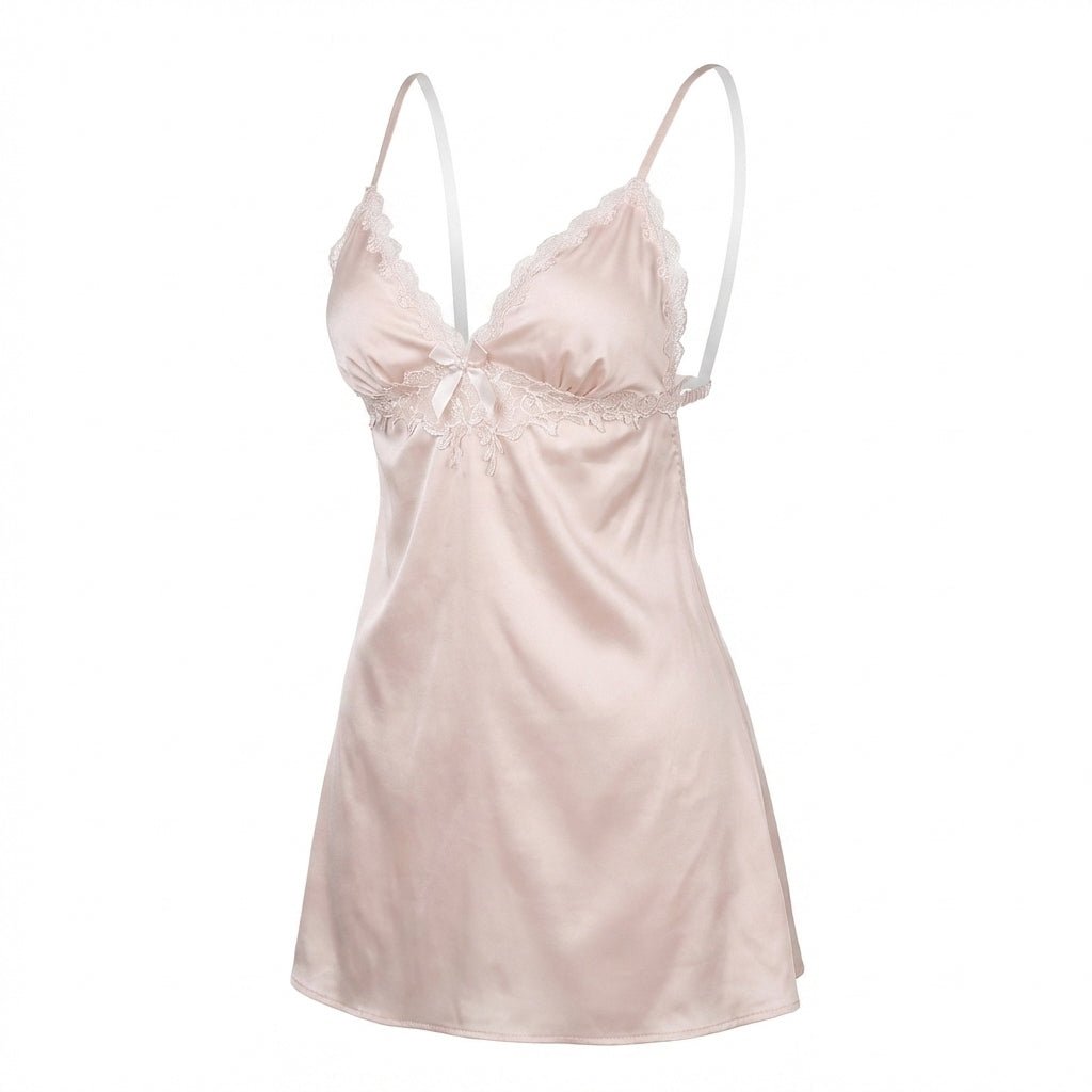 Pink Lace Trim Satin Slip Chemise - MARELIA