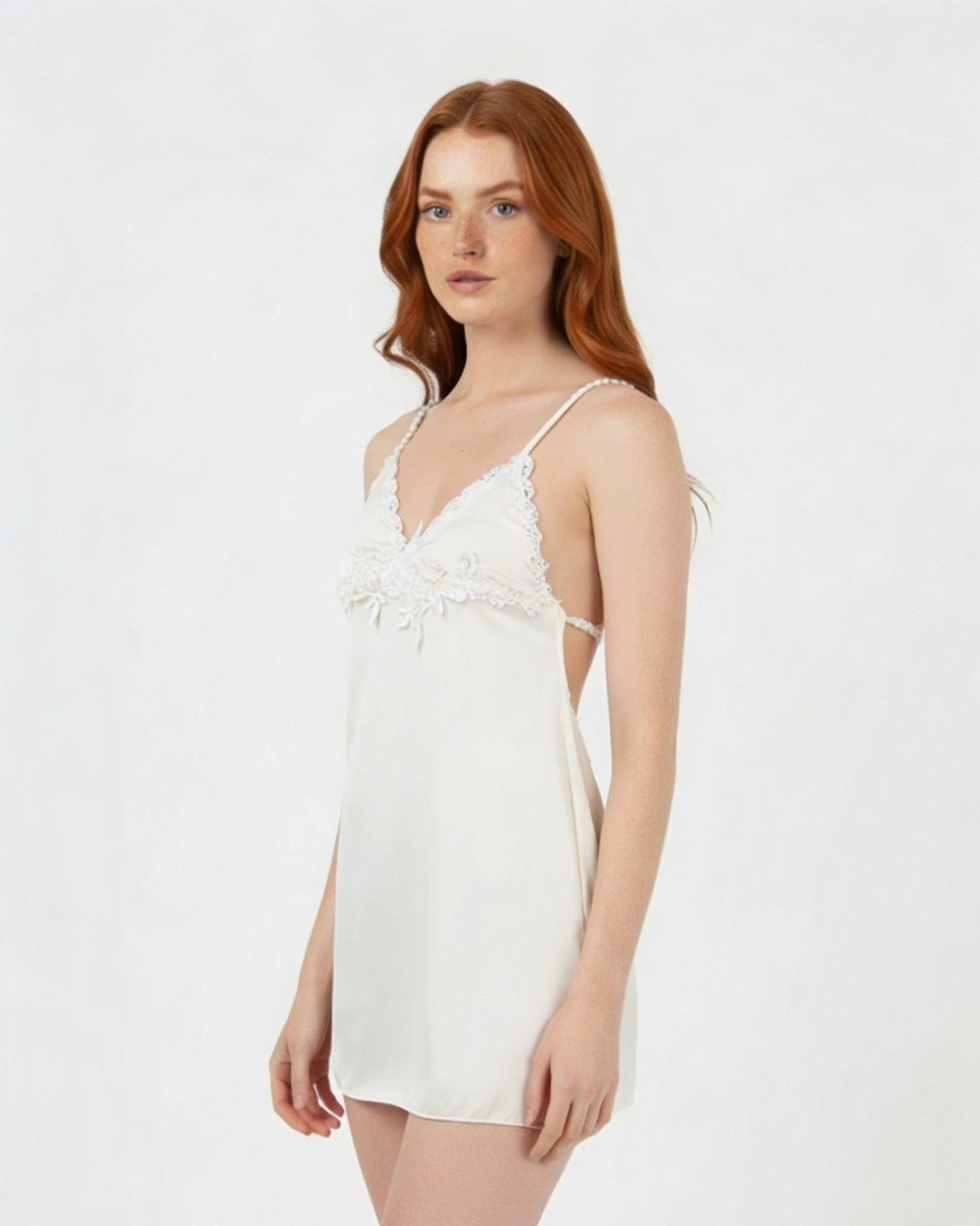 White Lace Trim Satin Slip Chemise - MARELIA