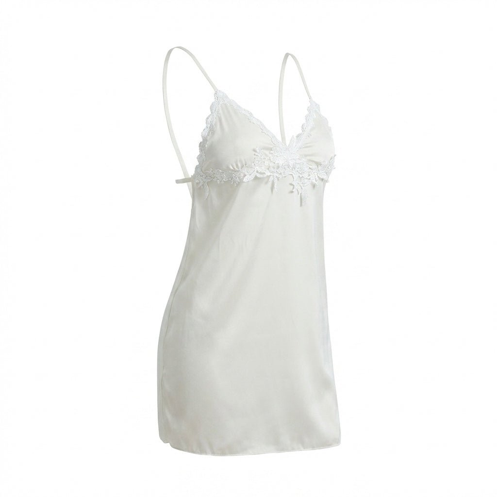 White Lace Trim Satin Slip Chemise - MARELIA