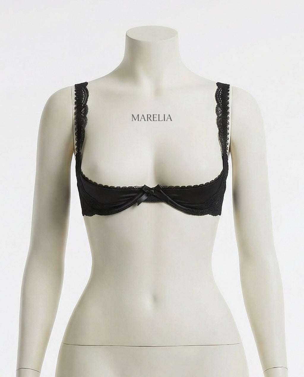 Black Lace Trim Underwire Balconette Bra - Marelia